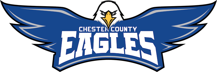 Logo of the Chesten County Eagles, featuring a stylized eagle with outstretched blue wings, a fierce white face, and bold white text reading CHESTEN COUNTY EAGLES across the wings.