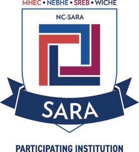 NC-SARA logo with interlocking squares in blue, red, and maroon, surrounded by text noting MHEC, NEBHE, SREB, WICHE, and a blue banner reading SARA Participating Institution.