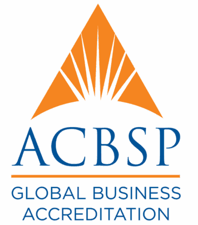 ACBSP logo with an orange triangular design above the text “ACBSP” in blue, and the words “Global Business Accreditation” in orange beneath two horizontal orange lines.