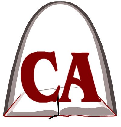 Stylized image of a large red CA over an open book, with a gray arch in the background.