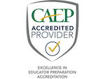Shield-shaped logo with CAEP Accredited Provider text and a yellow check mark inside a circle. Below, smaller text reads: Council for the Accreditation of Educator Preparation.