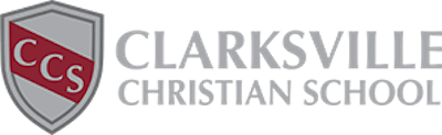 Logo for Clarksville Christian School featuring a shield with the initials CCS in white on a red diagonal stripe, next to the words Clarksville Christian School in gray capital letters.