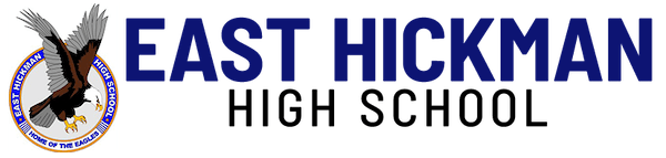 East Hickman High School logo with a flying eagle inside a circular emblem on the left, and bold blue and black text “EAST HICKMAN HIGH SCHOOL” to the right of the emblem.