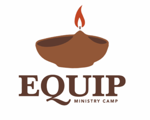 A clay oil lamp with a red flame above the word EQUIP in bold brown letters; MINISTRY CAMP appears in smaller text beneath EQUIP.