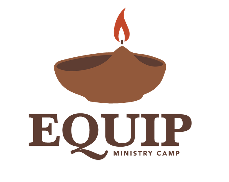 A brown clay oil lamp with a red flame above the word EQUIP in large brown letters, and MINISTRY CAMP in smaller brown text below.