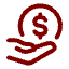 Dark red icon of an open hand facing upward with a dollar sign inside a circle above it, representing receiving or giving money.