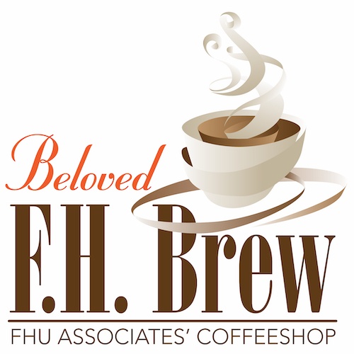 Logo for Beloved F.H. Brew FHU Associates Coffeeshop with a stylized coffee cup and swirling steam above, using brown and orange text.