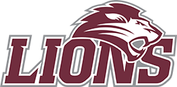 Maroon and white logo featuring a roaring lion’s head above the word “LIONS” in bold, uppercase letters, with the lion’s mane flowing back and partly outlining the text.