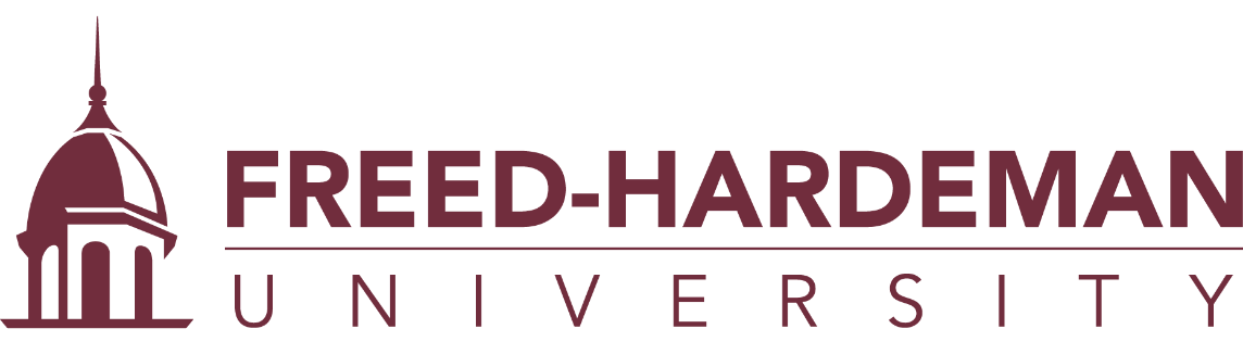 Freed-Hardeman University logo featuring a maroon illustration of a domed building next to the university name in bold maroon text with UNIVERSITY spelled out below.