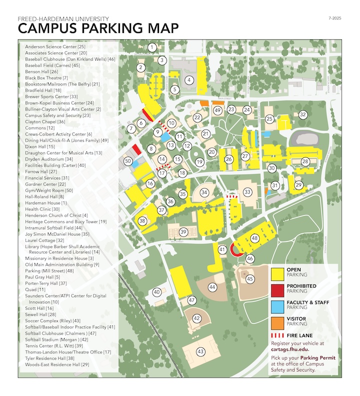 A campus map of Freed-Hardeman University showing building locations, numbered parking lots with color-coded areas for open, faculty & staff, resident, and visitor parking. A legend explains the color codes and numbered buildings.