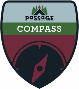 A badge-shaped logo with three color bands. The top features trees and a small building above the word PASSAGE. The middle green band says COMPASS. The bottom shows a stylized compass icon.