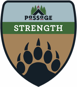 A shield-shaped badge with the word STRENGTH, a bear paw print, and the Passage logo featuring trees, a roof, and a small church steeple.
