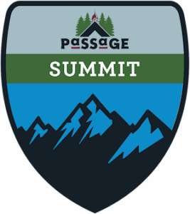 A shield-shaped badge with mountain silhouettes, blue sky, and green stripe reading SUMMIT. At the top, Passage is written under a roof with trees and a small steeple.