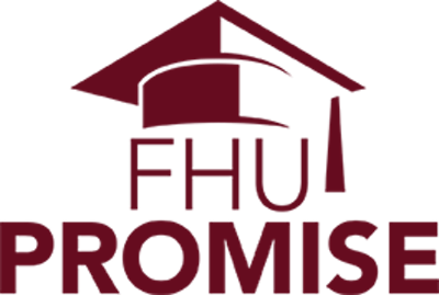 Maroon logo featuring a graduation cap above the text FHU PROMISE, with FHU in the center and PROMISE in bold letters below.