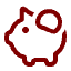 A simple red outline of a piggy bank with a coin being inserted in the slot on its back, symbolizing saving money.