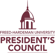 Maroon logo with an illustration of a domed building and the text Freed-Hardeman University Presidents Council underneath.