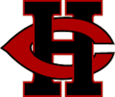 A bold black letter H with a red, stylized C partially encircling it, overlapping in the center; both letters have white outlines.