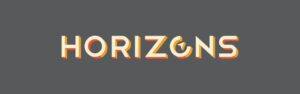 Text HORIZONS in bold, retro-style font with orange and cream layers on a dark gray background. The letter O is stylized as a partial sun on the horizon.
