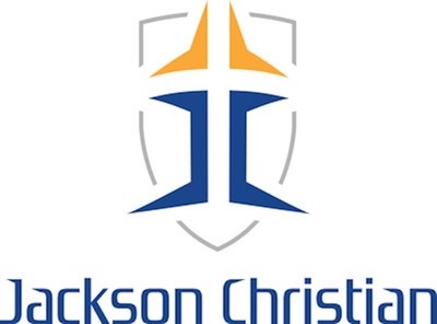 A blue and gold abstract cross over a gray shield outline, with the text Jackson Christian in blue below the logo.