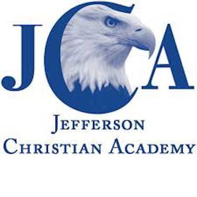 Logo for Jefferson Christian Academy featuring the acronym JCA in blue, with an eagle head inside the letter C. The full name Jefferson Christian Academy is written below in blue text.