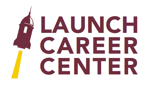 Logo with a maroon tower angled upward, a yellow line beneath it resembling a rocket launch, and the words “Launch Career Center” in large maroon text on a white background.