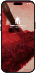 Paintbrush brushing red paint in a apple iphone screen with a while freed-hardeman logo over it