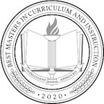 A round silver seal reads “Best Masters in Curriculum and Instruction 2020.” In the center, a torch stands in front of an open book, with banners below that say Intelligent and Program Approved.