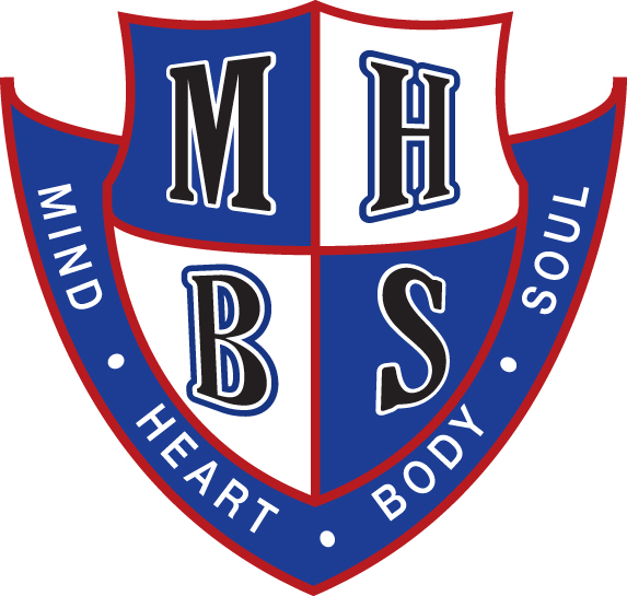 A blue, white, and red shield-shaped emblem divided into four sections with the letters M, H, B, and S. Surrounding the shield are the words: MIND, HEART, BODY, and SOUL.