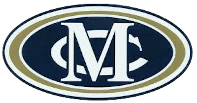 An oval-shaped logo with a large white letter M in the center, a white C partially surrounding it, and navy blue and gold borders.
