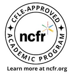 Circular badge with the words CFLE-Approved Academic Program around the edge, ncfr in the center, and Learn more at ncfr.org below. A multicolored starburst is behind the letters fr.