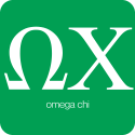White Greek letters Omega (Ω) and Chi (Χ) on a green background, with the words omega chi written in lowercase beneath the symbols.