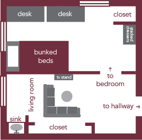 Floor plan of a room with two desks, a bunk bed, closets, living room area with an L-shaped couch, TV stand, sink, and labeled directions to the bedroom and hallway.