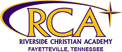 Logo for Riverside Christian Academy in Fayetteville, Tennessee, with large yellow RCA letters outlined in purple, a sweeping purple curve, and a gold star-like cross on the right.