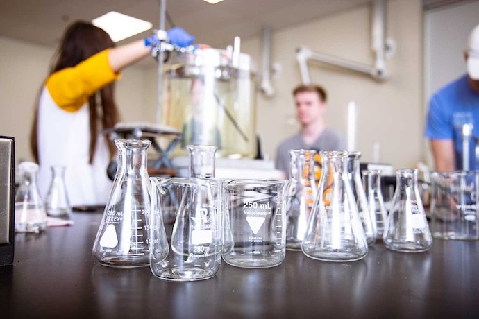 beakers in the science lab