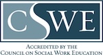 CSWE logo with the text Accredited by the Council on Social Work Education below large initials CSWE in a blue and gray rectangular design.