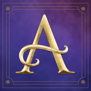 Decorative golden A with a purple background, representing Anastasia