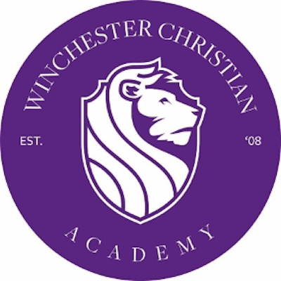 Purple circular logo with a white lion head inside a shield at the center. The text “WINCHESTER CHRISTIAN ACADEMY” circles the edge, with “EST. 08” on either side of the shield.