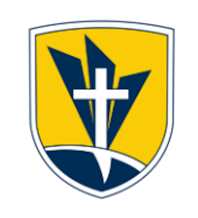 A yellow and blue shield-shaped logo featuring a white cross in the center, with abstract navy shapes and a curved line suggesting a horizon or landscape.
