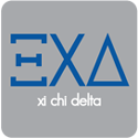 Greek letters Xi, Chi, and Delta in blue on a gray background, with the words “xi chi delta” written below in lowercase white letters.